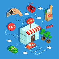 Shopping isometric concept with related elements on light blue background vector illustration - 199488709