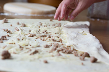 Woman making dough with meat at home