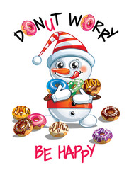 Vector illustration of cartoon snowman with donuts