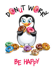 Vector illustration of cartoon penguin with donuts