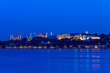 Fototapeta na wymiar Istanbul, Turkey, 30 June 2007: The Topkapi Palace and Hagia Sophia at blue night