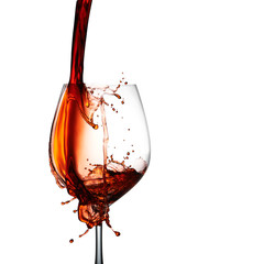 Graphic stop action capture of red wine splashing on to simple elegant wine glass isolated on white