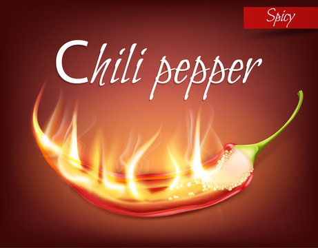 Vector realistic red hot chili pepper in flame, burning half pod of cayenne, isolated on background. Ripe jalapeno, traditional spicy seasoning for mexican cuisine. Mockup for package design