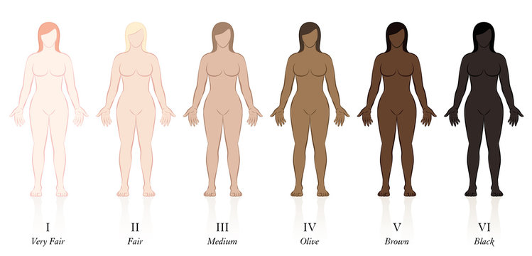 Skin types. Six women with different skin colors. Very fair, fair, medium, olive, brown and black, to determine the sun protection factor.
