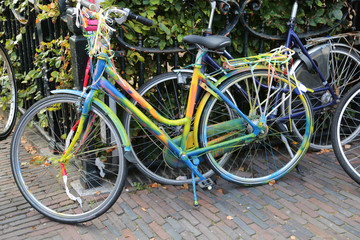 colorful bicycle in a bike parking in Holland