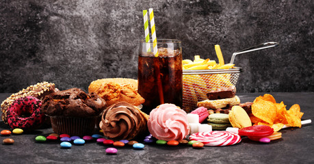 Unhealthy products. food bad for figure, skin, heart and teeth.