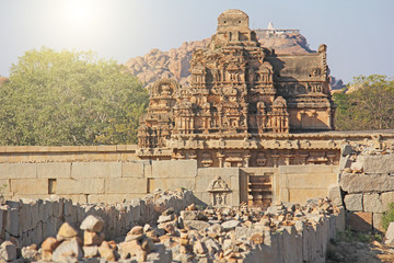 Temple stone carvings and ruins in Hampi, Karnataka, India