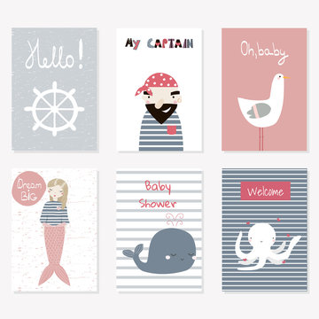 Set of cute nautical cards for baby shower or other. Vector hand drawn illustration.