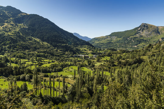 View south towards 1965m Punta del Pacino peak and the scenic upper Tena Valley, Sallent de Gallego, Pyrenees, Huesca Province, Spain