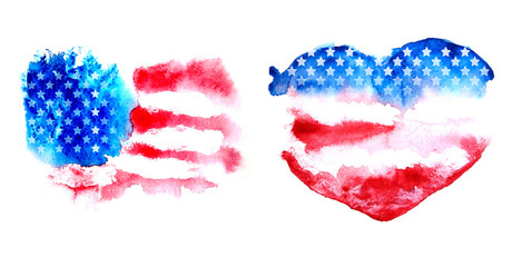 Set Watercolor American flag. I Love USA, symbol isolated on white background. Hand drawing. Print on the T-shirt. Background for the holiday on July 4th. Blue, white and red stripes.