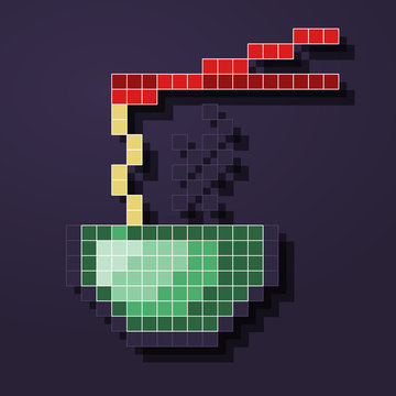 Pixel ramen in bowl. Hot 8-bit food in dark night. Isolated retro icon with shadow.
