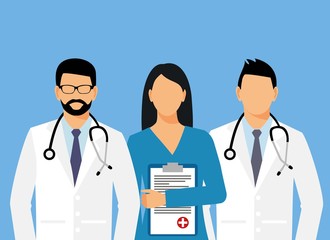 Fototapeta premium doctors and assistant in a dressing gown with a stethoscope. doctor without a face. vector illustration