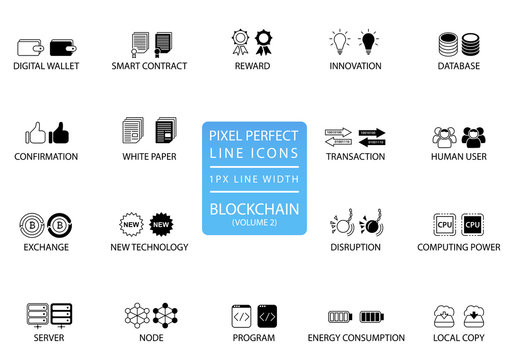 Blockchain And Cryptocurrency Thin Line Vector Icon Set. Pixel Perfect Icons With 1 Px Line Width For Optimal App And Web Usage