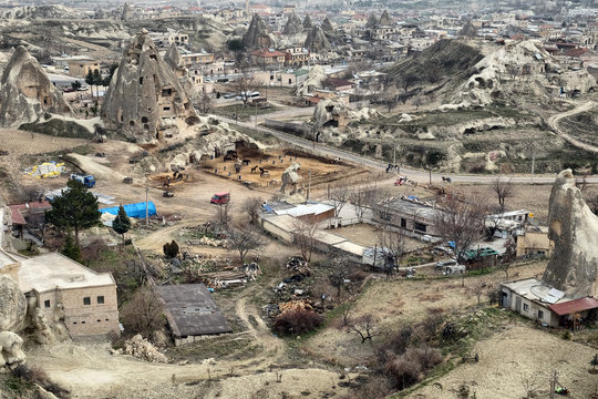 Goreme located among the fairy chimney rock formations, is a town in Cappadocia, a historical region of Turkey