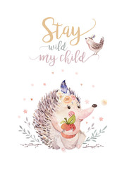 Cute watercolor bohemian baby hedgehog animal poster for nursary with bouquets, alphabet woodland isolated forest illustration for children. Baby shower animals invitation