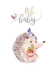 Cute watercolor bohemian baby hedgehog animal poster for nursary with bouquets, alphabet woodland isolated forest illustration for children. Baby shower animals invitation