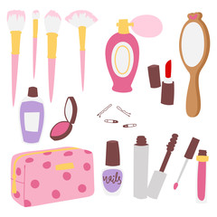 Girl fashion accessories casual woman style shopping items and beautiful cosmetic or makeup tools vector illustration.