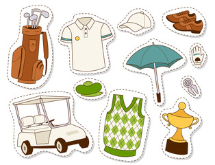 Golf icons hobby car equipment cart player golfing sport symbol flag hole game elements vector illustration.