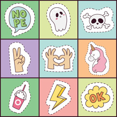 Hipster patches elements hand drawn cute fashionable stickers doodle pop art sketch pins and comic badges vector ilustration.
