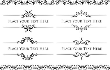 Set of 4 decorative black vector text dividers frames with pair of bonus decorative elements.