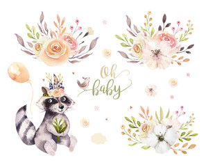 Cute watercolor bohemian baby raccoon animal poster for nursary with bouquets, children alphabet woodland isolated forest illustration. Baby shower animals invitation