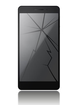 Realistic broken smartphone with cracked touch screen, cell phone with reflection and shadow isolated on white background. Vector illustration.