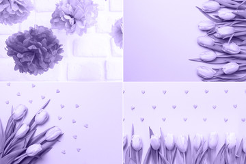 Collage with ultra violet toned images. Pantone color of the year concept. Spring celebrations flower collection