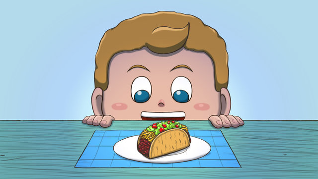 Close-up illustration of a white boy staring at a taco on the table.