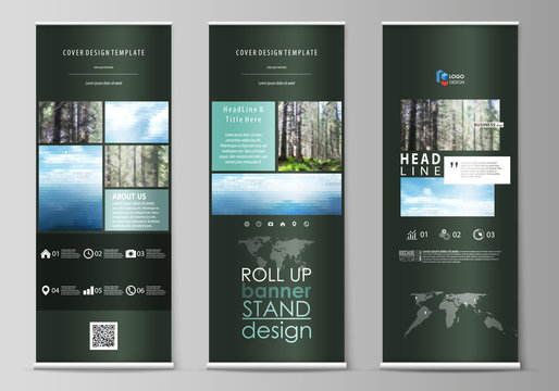 Roll up banner stands, flat design templates, vertical vector flyers, flag layouts. Colorful background, triangular or hexagonal texture for travel business, natural landscape in polygonal style.