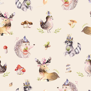 Watercolor seamless pattern of cute baby cartoon hedgehog, squirrel and moose animal for nursary, woodland forest illustration for children. Forest backgraund