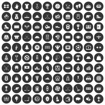 100 hockey icons set black circle
