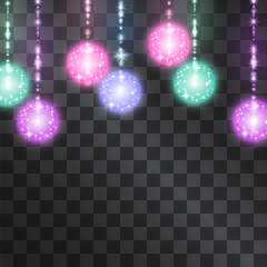 Neon light sparkling vector garland isolated on transparent background. Party decoration with glowing spheres and brilliant tinsel. Celebration light effect accessorie.
