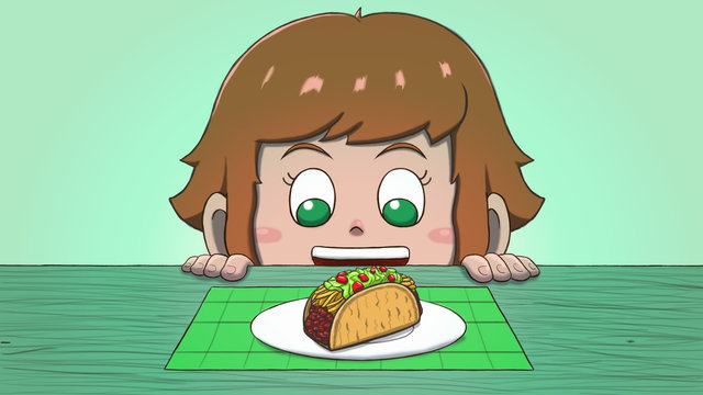 Close-up illustration of a white girl staring at a taco on the table.