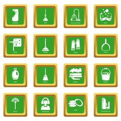 Cleaning tools icons set green square vector