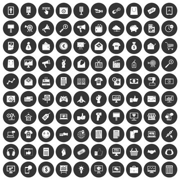 100 internet marketing icons set black circle