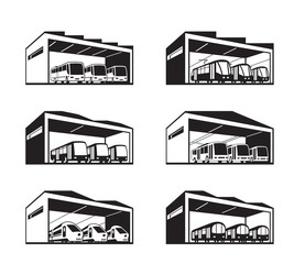 Depot for various types of public transport - vector illustration