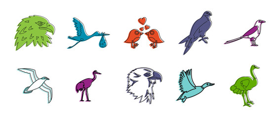 Birds icon set, color outline style