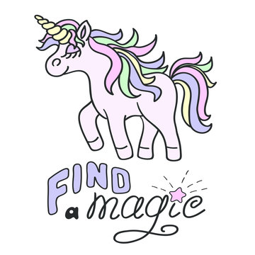 Pink unicorn and Find a magic lettering on the white background