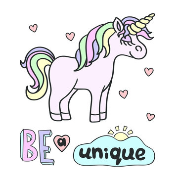 Pink unicorn with Be a unique lettering on the white background