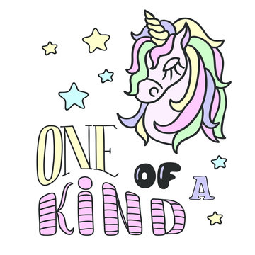 Unicorn head and One of a kind lettering on the white background