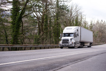 Modern white big rig semi truck transporting reefer semi trailer with commercial cargo on the road with forest