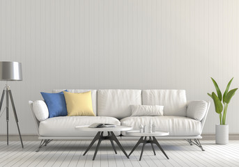 Living room interior in modern style, 3d render with sofa and decorations.