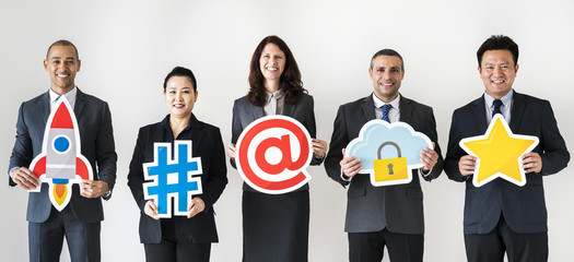 Obraz premium Business people standing and holding icons