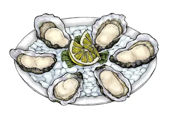 Keuken spatwand met foto Hand drawn oyster salt-water bivalve platter © Rawpixel.com