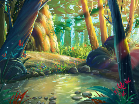 The Fantasy Forest Moring by the Riverside with Fantastic, Realistic and Futuristic Style. Video Game's Digital CG Artwork, Concept Illustration, Realistic Cartoon Style Scene Design
