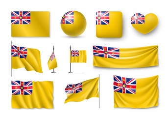 Set Niue realistic flags, banners, banners, symbols, icon. Vector illustration of collection of national symbols on various objects and state signs