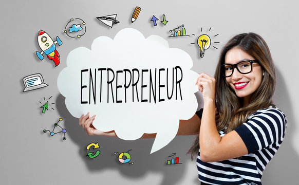 Entrepreneur text with young woman holding a speech bubble