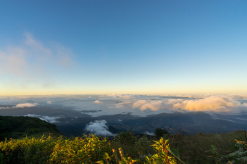 scenic of morning sky with cloud and fog on hill of kew mae pan