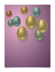 Easter card with golden ornate eggs hanging on colorful modern geometric background. Empty place for your text. Abstract vector illustration.