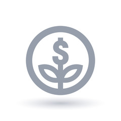 Plant with dollar symbol in circle outline. Financial business growth icon. Money investment success sign. Vector illustration.